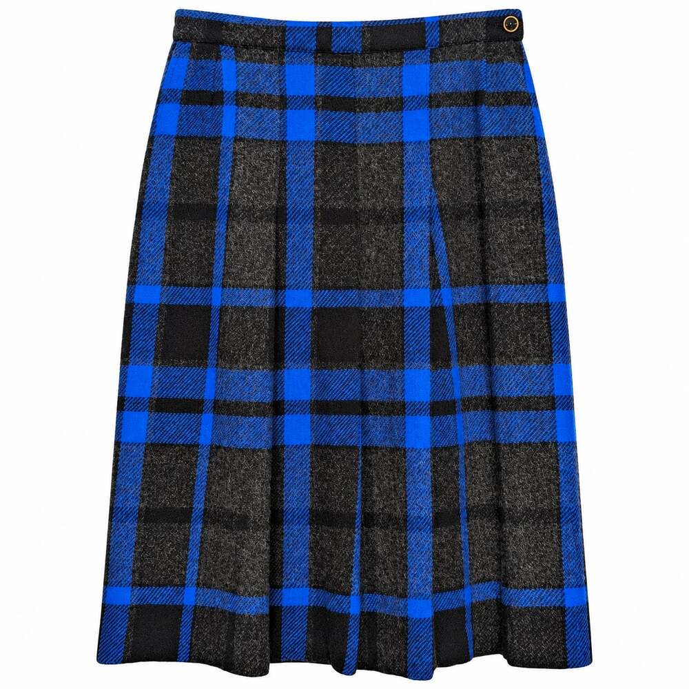 Vintage Personal Petites Blue Gray Plaid Wool Pleated Skirt Made in USA 8P